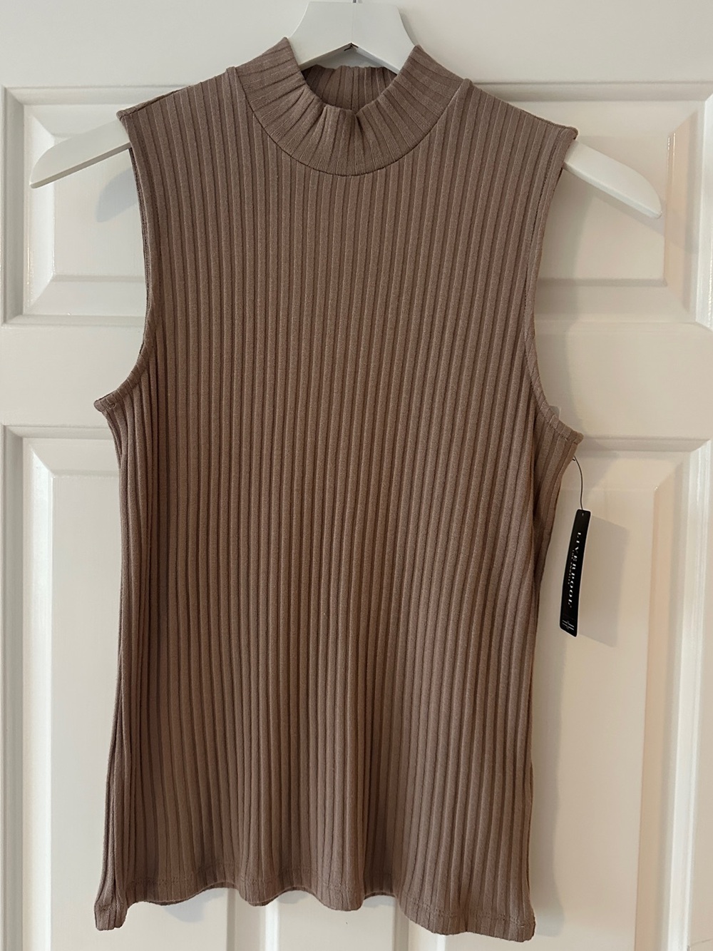 Liverpool Sleeveless Ribbed Mock Neck Top - Taupe